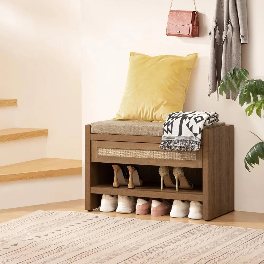 SICOTAS Rattan Shoe Bench Entryway Bench with Storage Drawer and Linen Seat Cushion, Farmhouse Boho Shoe Rack with Shelf, Wooden