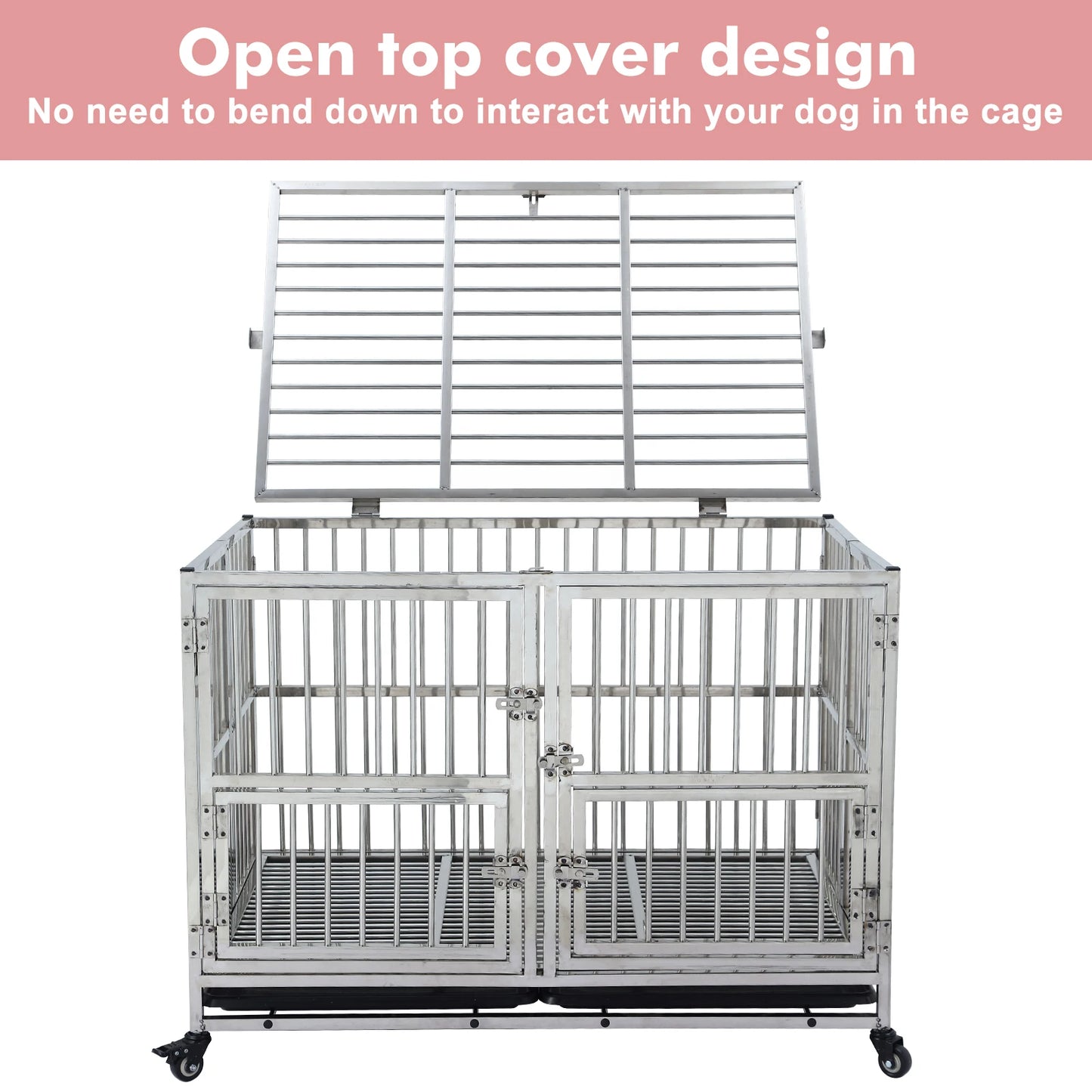48" Heavy Duty Dog Crate Cage Kennel with Wheels, Full Stainless Steel High Anxiety Indestructible Dog Crate,Sturdy Locks Design