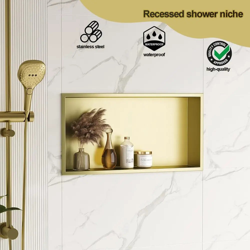 25.1x13.1 Inch Golden Stainless Steel Shower Wall Niche, No Tile Required, Waterproof Recessed Cabinet for Bathroom Storage