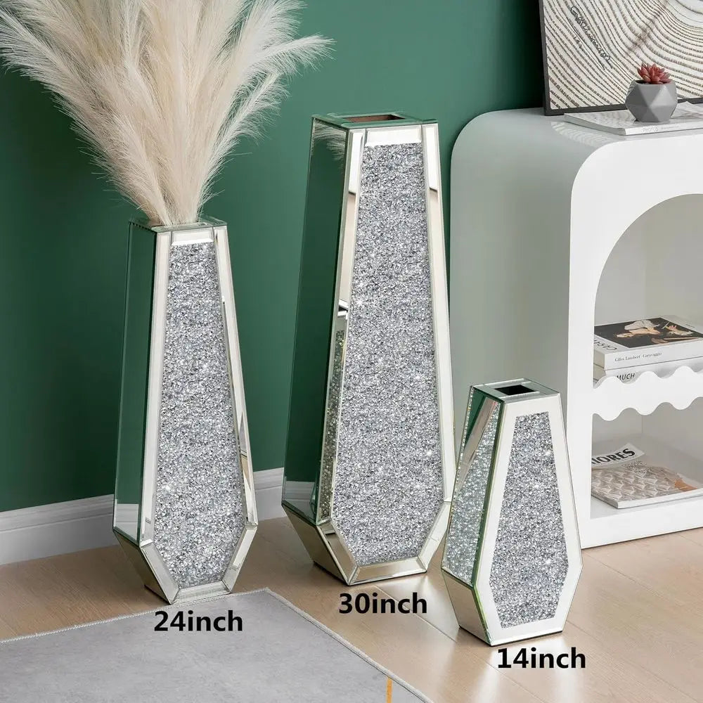 Large Crystal Glass Floor Vase with Crushed Diamond Mirror Effect, Silver Tall Decorative Vases for Living Room, Office, and Hom