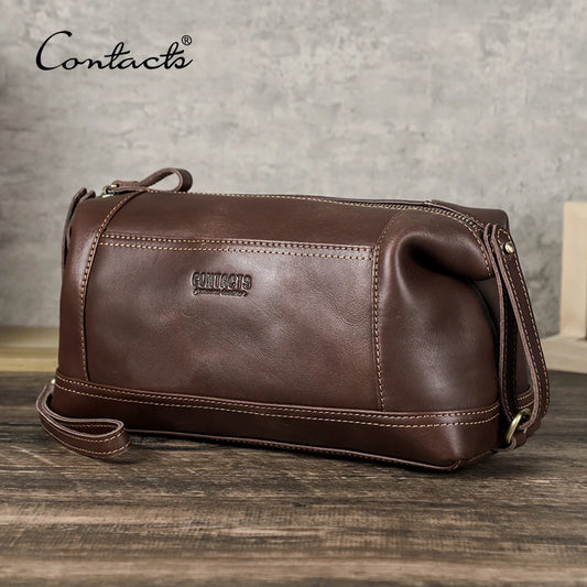 CONTACT'S Genuine Leather Clutch Bags for Men Vintage Men's Bag Handbag Wrist Strap Clutch Wallets Male Wash Bags Phone Pocket