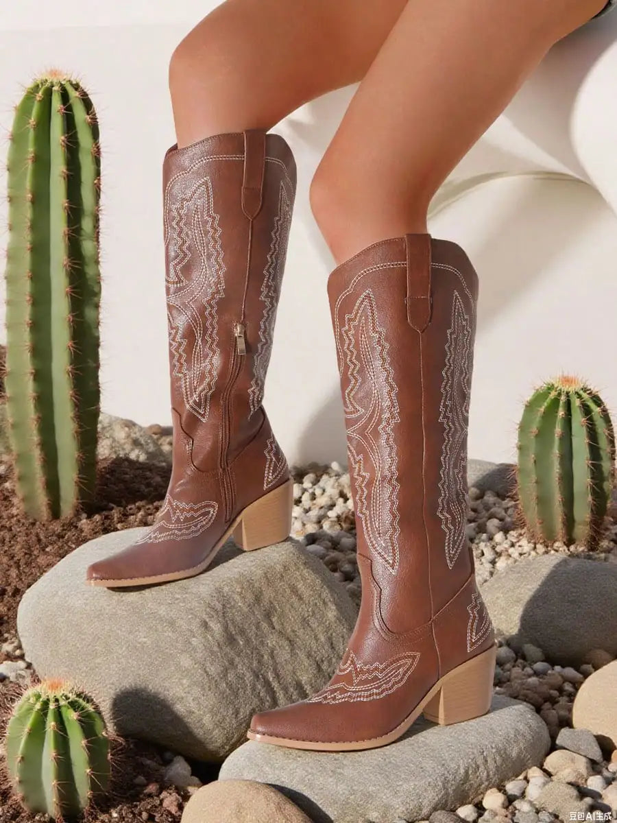 Vintage Embroidered Western Cowgirl Boots For Women Point Toe Chunky Heels Cowboy Knee High Boots Outdoor Shoes Fall Winter
