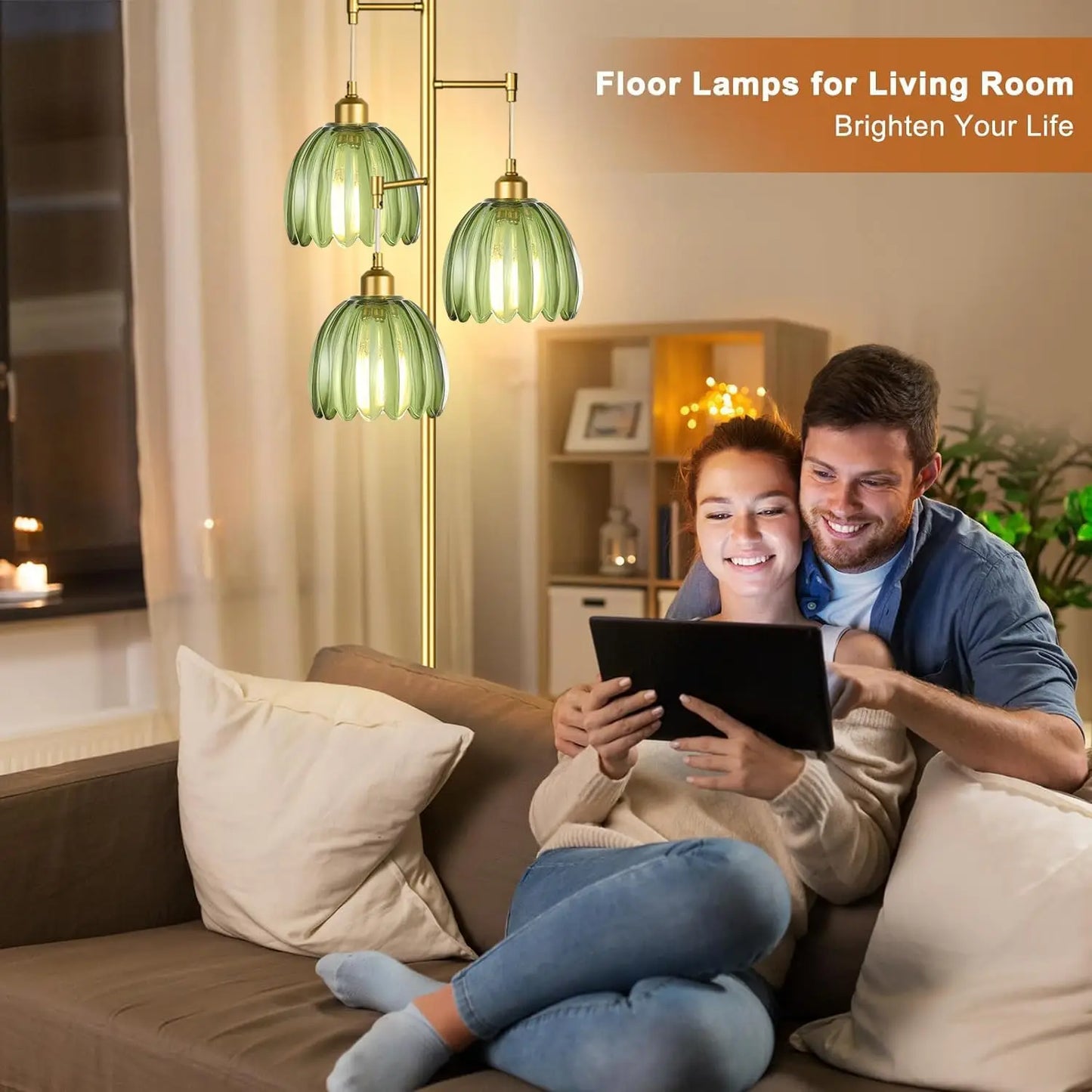 Gold Mid Century Modern Floor Lamp with Brass Tree, 3-Light Green Glass Shade for Living Room, Bedroom, Vintage Retro Style