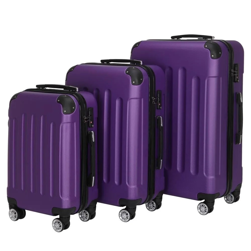 3PCS 20/24/28" Luggage Travel Set Bag TSA Lock Trolley Carry On Suitcase Purple
