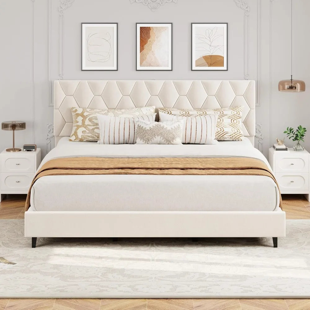 Beige King-Size Upholstered Headboard Bed Frame, Sturdy Wood Platform Base with Adjustable Headrest