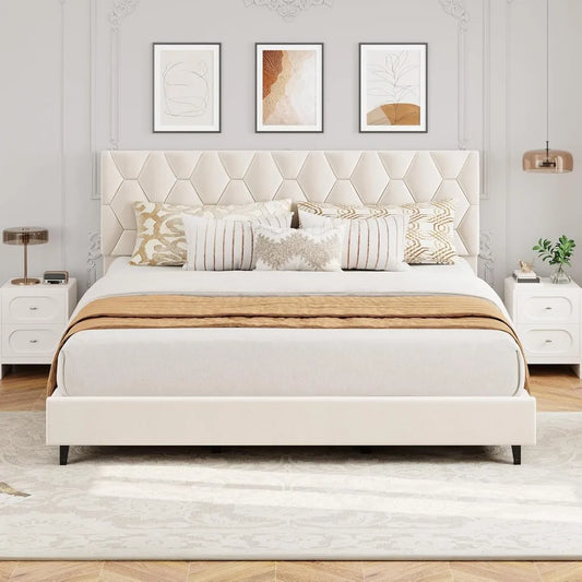 Beige King-Size Upholstered Headboard Bed Frame, Sturdy Wood Platform Base with Adjustable Headrest