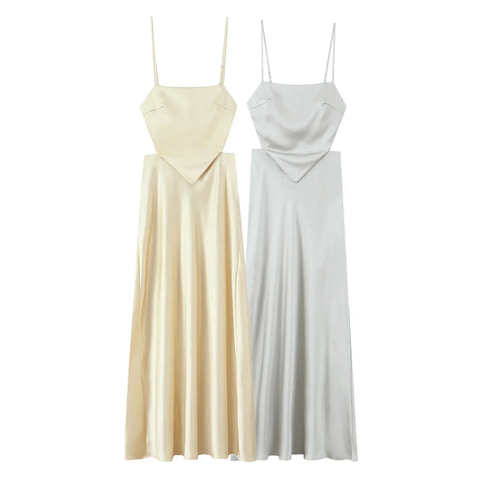 Women's Clothing 2025 Summer New Item Women's Silk Satin Long Skirt Sexy Suspender Tie Decoration Back Elegant Temperament