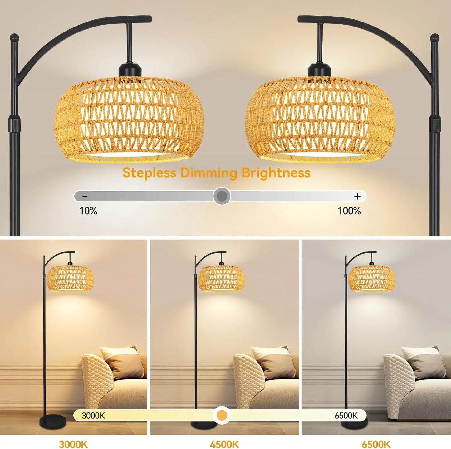 Boho Rattan Floor Lamp with Remote, Dimmable LED Black Standing Lamp for Living Room Bedroom Corner