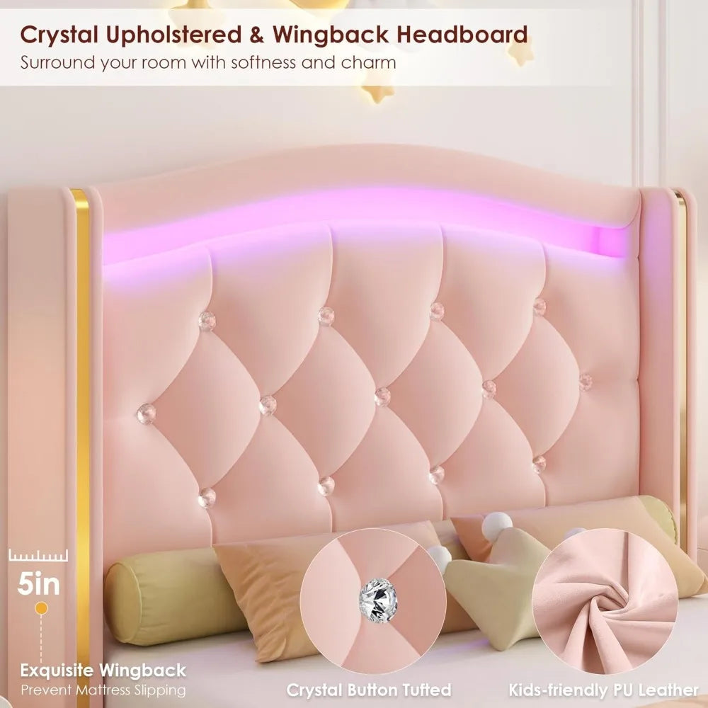 HIFIT Upholstered Twin LED Bed Frame with Crystal Button-Tufted Headboard and 4 Storage Drawers, Velvet Princess Twin Size Platf