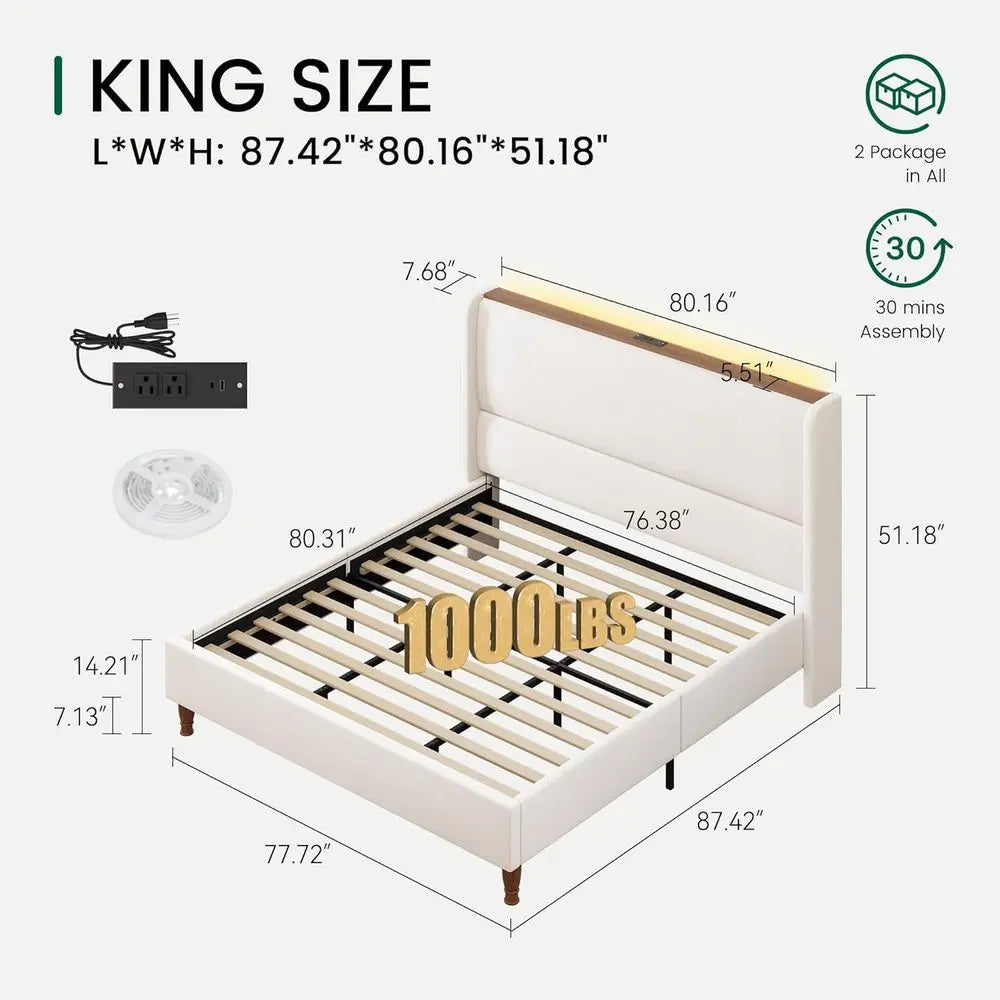 King Size Linen Bed Frame with LED Lights, Charging Station, and Storage Shelf - 51.2 Tall Wingback Headboard, No Box Spring Nee