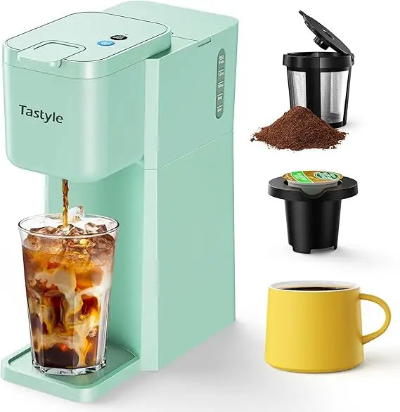 Mini Hot and Iced Coffee Maker Single Serve, for K Cup and Ground, 6 to 14 Oz Brew Sizes, with Recipe Book, for Home, Travel, RV