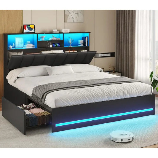 Queen Wooden Bed Frame with Bookcase Headboard, LED Lights, Charging Ports, Storage Drawers, Black