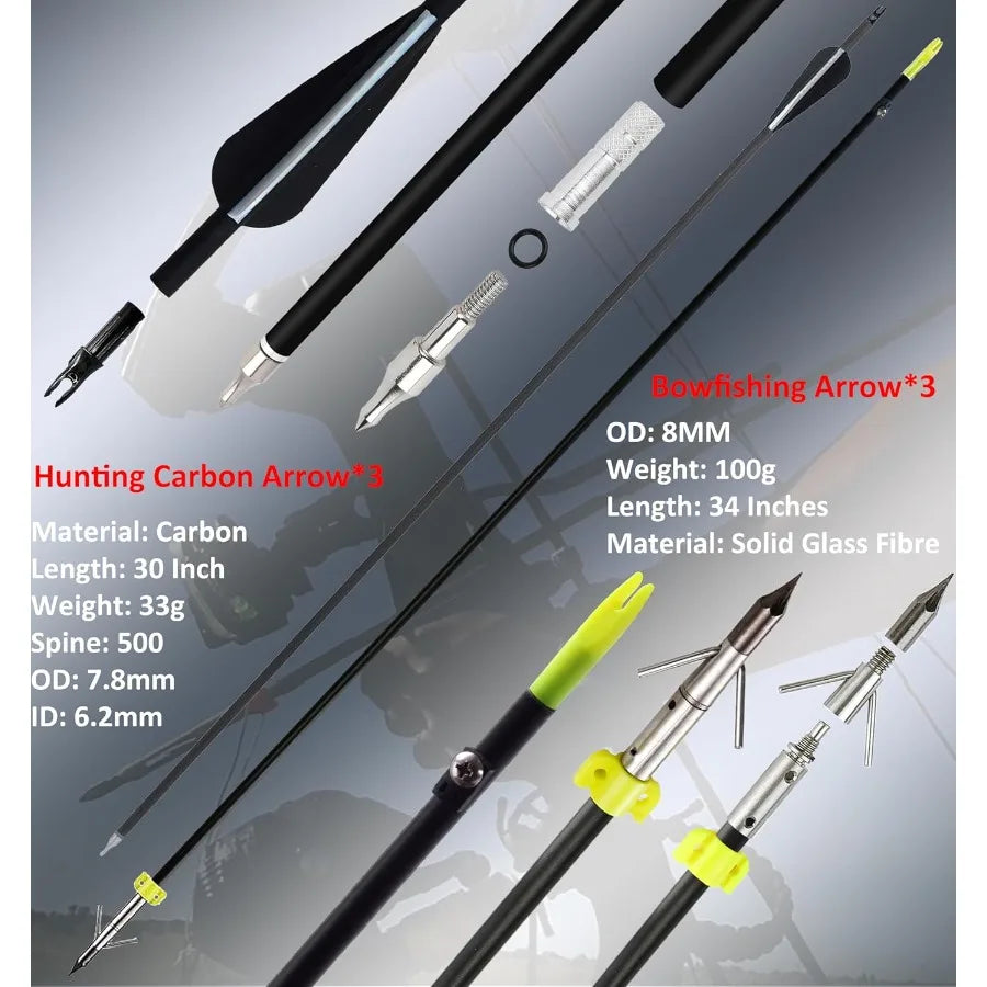 Compound Bow Fishing Combo Kit - 20-70 LBS Hunting Bow with Bowfishing Arrow and Fishing Reel for Bowfishing Archery Hunting Co