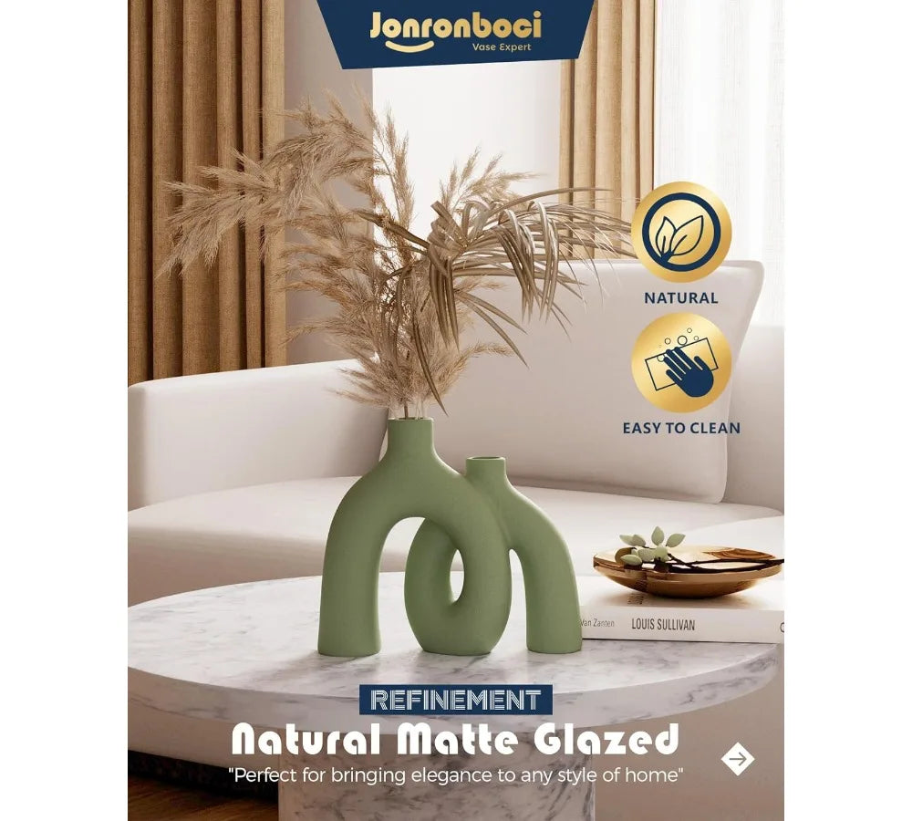 Modern Nordic Boho Ceramic Vase Set - Sage Green Home Decor for Living Room Shelf, Bookshelf, Entryway