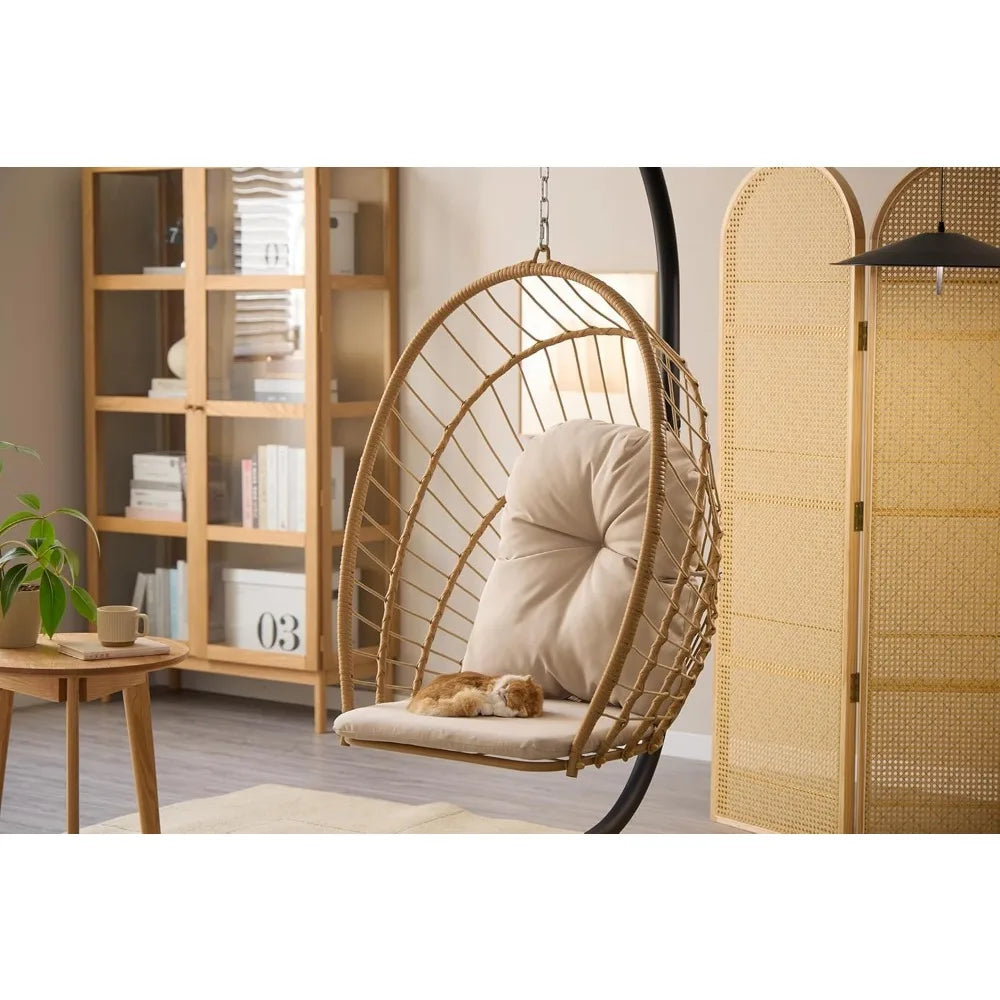 Egg Hanging Chair with Stand - Patio Wicker Swing Hammock Chair. 350lbs Capacity, Cushioned. Ideal for Bedroom, B