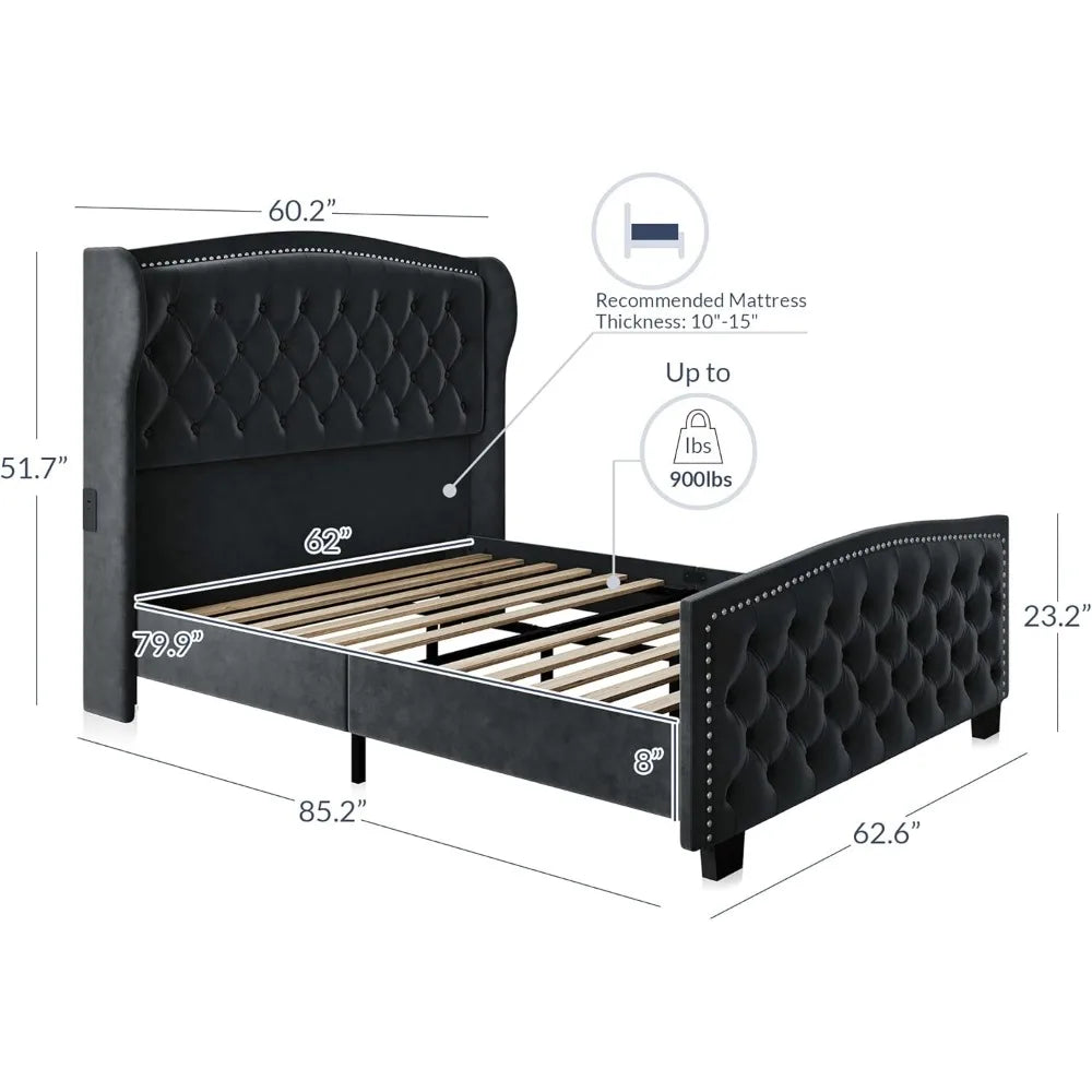 BELLEZE Queen Headboard Bed Frame with Fast Charging Port, Upholstered Platform Bed Frame with Handmade Button Tufted Headboard,