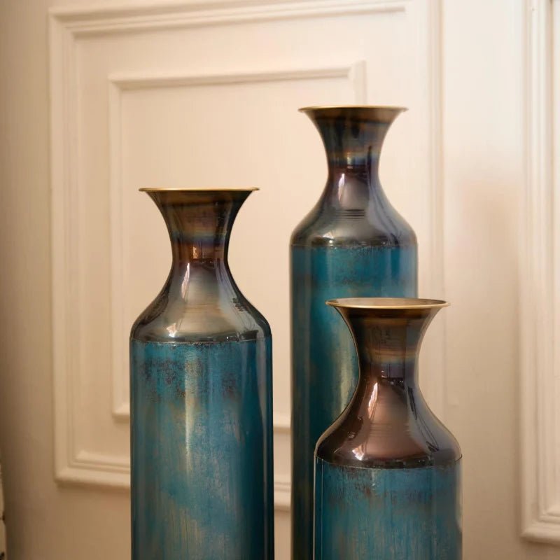 Large Floor Metal Vases Decorated Aqua Blue Set Of 3 Gorgeous Home Decoration accessories Living Room Shipping from the USA