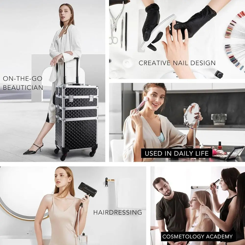 Professional 3-in-1 Rolling Makeup Case with Large Storage, Swivel Wheels, and Locks for Beauty Professionals, Vintage Black