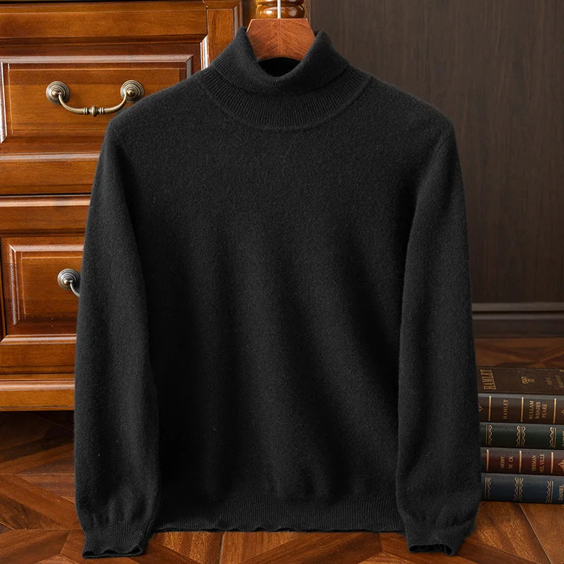 Men 100% Merino Wool Sweater Turtleneck Knitted Pullover Cashmere Warm Solid Color Clothes Business Bottoming Tops Autumn Winter