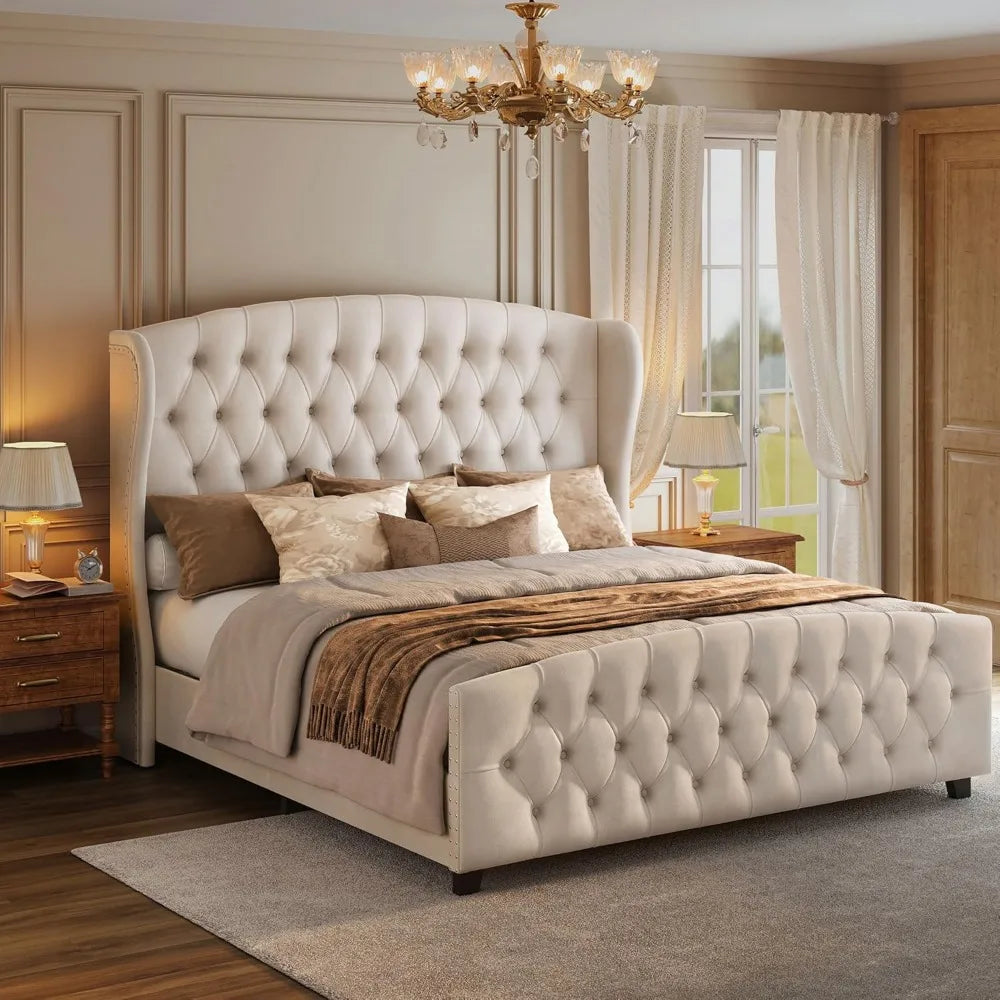 King Size Upholstered Platform Bed Frame with Tall Wingback Tufted Headboard and Footboard