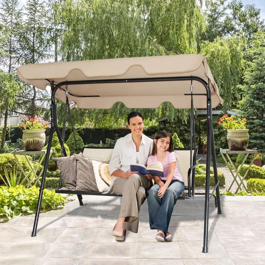 3 Person Patio Swing Steel Frame with Polyester Angle Adjustable Canopy All Weather Resistant Swing Bench Perfect for Outdoor U
