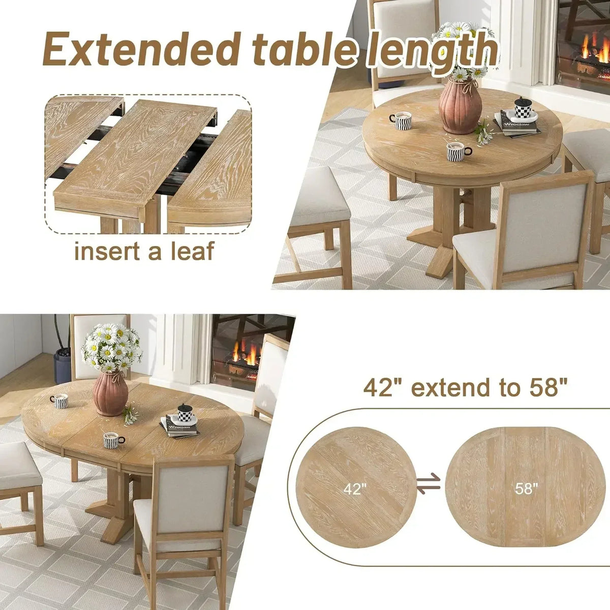 （XMSJ-Hot）5-Piece Farmhouse Round Dining Table Set with Extendable Round Table and 4 Upholstered Chairs, Compact Table Set for K