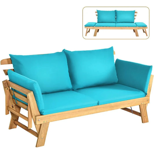 Convertible Acacia Wood Patio Couch Sofa Bed with Adjustable Armrest Outdoor Daybed with Cushion Pillows Outside Folding Futon