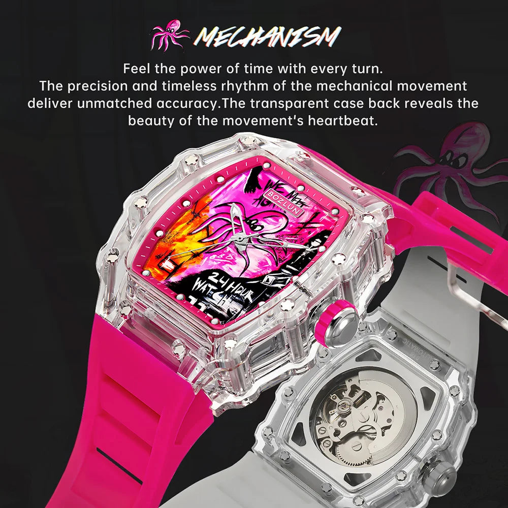 BOZLUN Fashion Creative Movement Mechanical Watch Personalized Comic Octopus Watches  Casual Sports Wristwatches For Mens Women