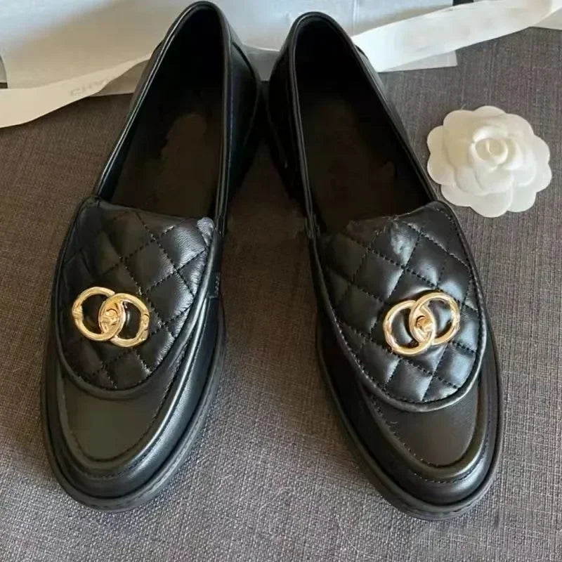 Black Chunky Heel Loafer Shoes For Female Women Autumn New Thick Sole Slip-on Shallow Leather Elegant Fashion Luxury Shoes SC1