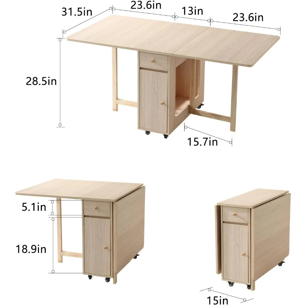 Folding Dining Table with Drop Leaves, Two Drawers, and Four Wheels for Space-Saving in Farmhouse-Style Living and Kitchen Areas