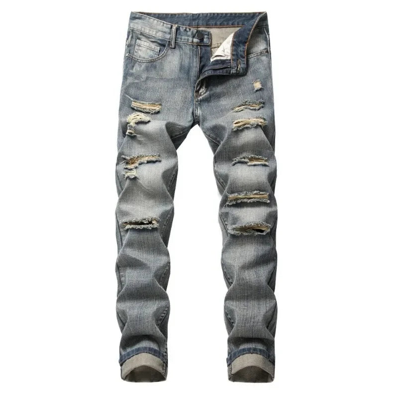 Men's Clothing Ripped Straight Slim-fit Non-elastic Jeans More Ripped Men's Trousers Jeans for Men Cargo Pants Men