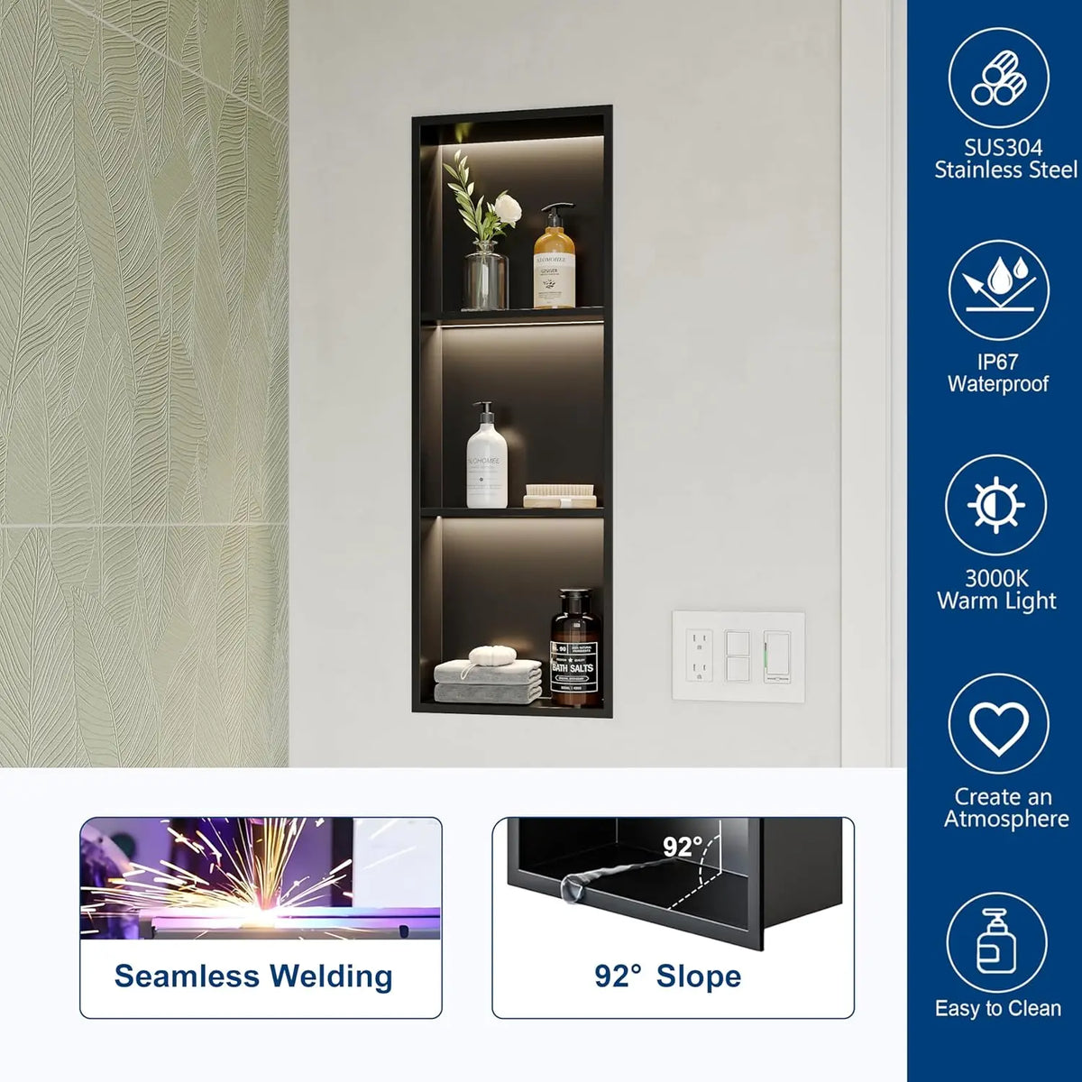 3-Tier 12x36“ Recessed Shower Niche with LED Light, Matte Black Stainless Steel Wall-Mounted Bathroom Shelf, 3000K Warm