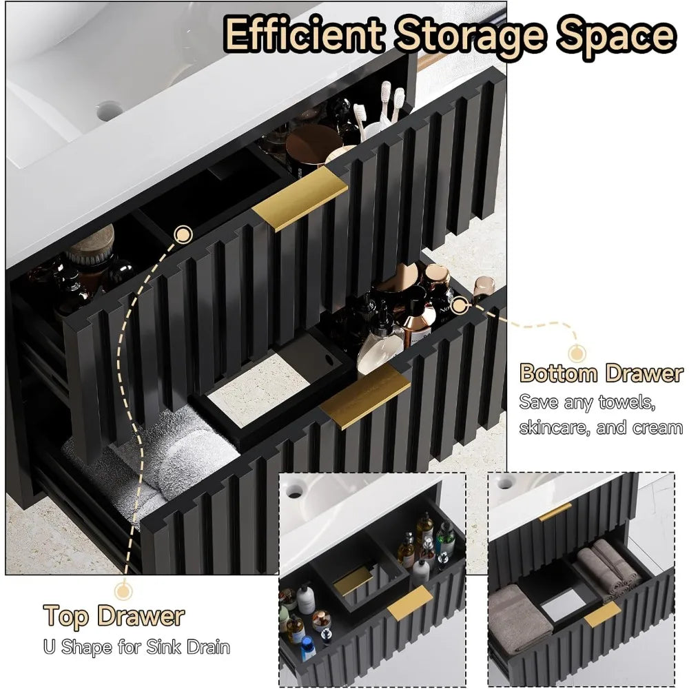 24 Inch Bathroom Vanity with Sink Combo, Floating Bathroom Vanity with 2 Fluted Drawers & Metal Handle,Modern Wall Mount Storage