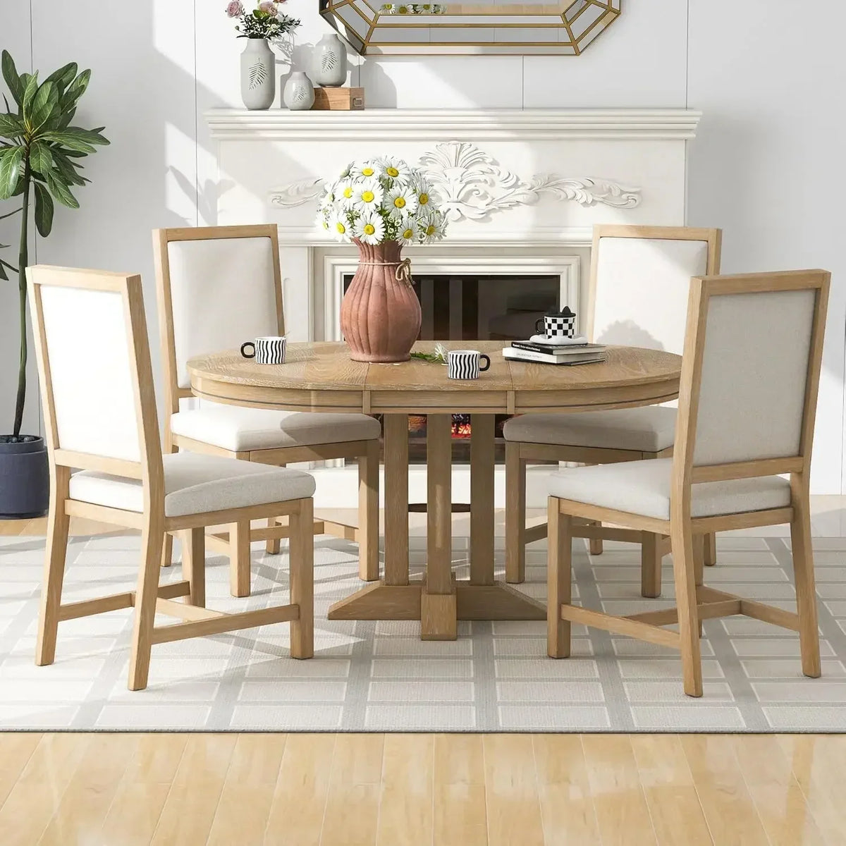 （XMSJ-Hot）5-Piece Farmhouse Round Dining Table Set with Extendable Round Table and 4 Upholstered Chairs, Compact Table Set for K
