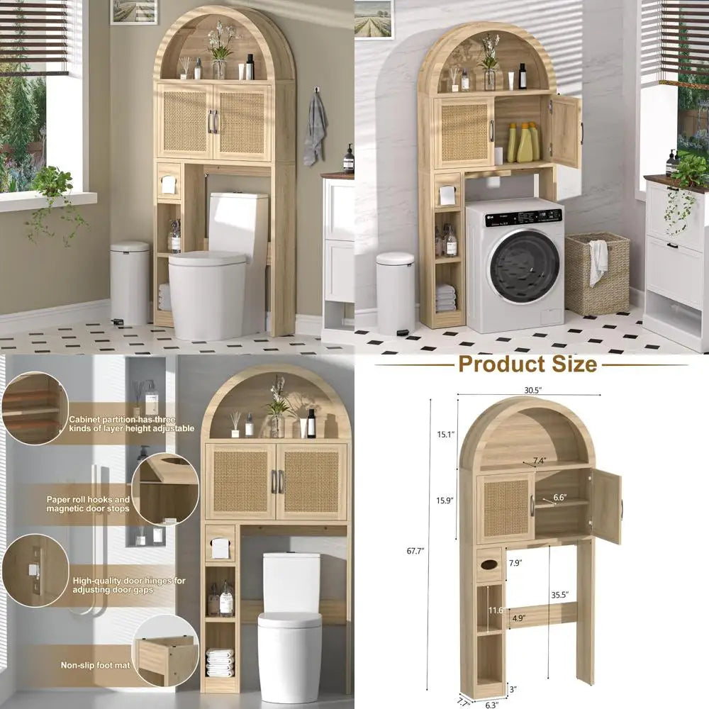 Freestanding Bathroom Storage Cabinet with Adjustable Shelf and Anti-Tip Feature, Over-the-Toilet Organizer Arched Design