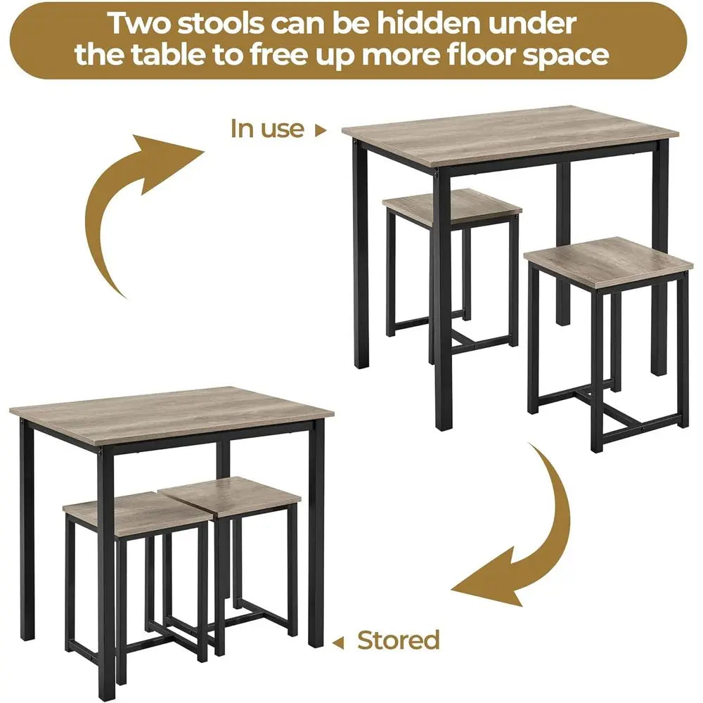 Compact 2-Person Dining Table Set with 2 Stools, Gray, Space-Saving Design for Kitchen, Dining Room, Living Room