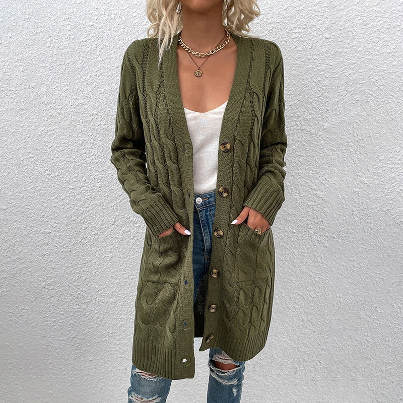 European and American Knitwear Autumn and Winter Long Fried Dough Twists Sweater Women's Button Cardigan