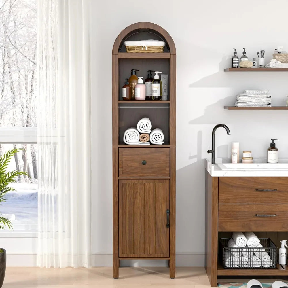 Elegant Tall Bathroom Storage Cabinet with Adjustable Shelves, Slim Arched Tower Cabinet Featuring Fluted Doors and Drawers