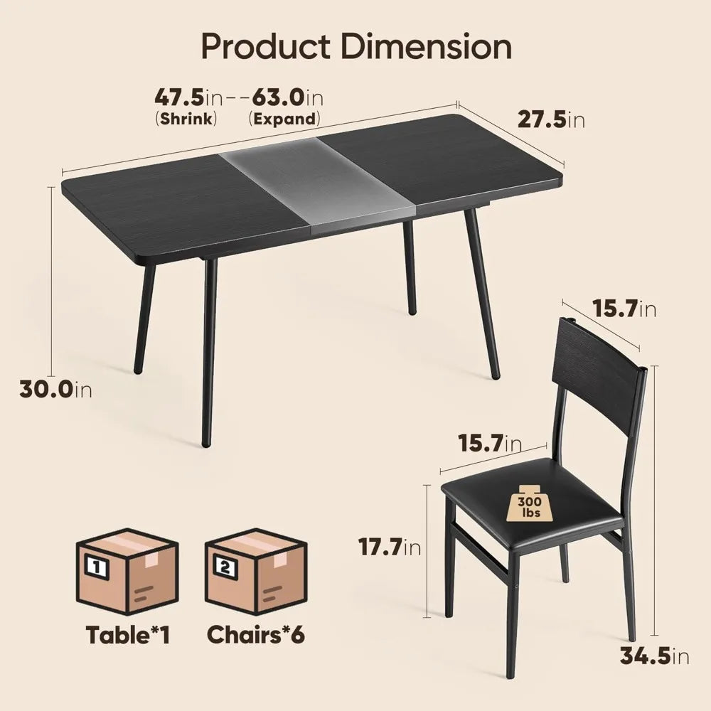 7-Piece Extendable Dining Table Set with 6 Padded Chairs, 63" Dining Table Set for 4-6, Kitchen Table Set with MDF Board & Meta