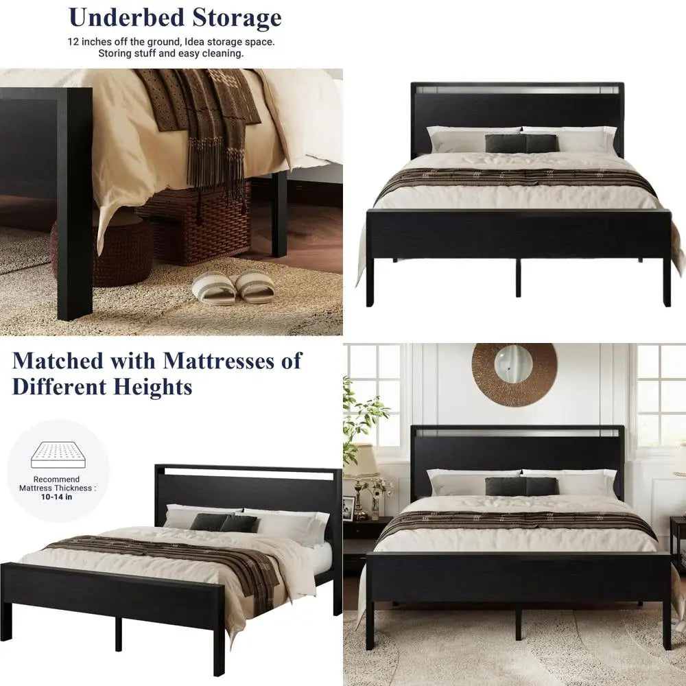 Queen Platform Bed Frame with Wood Headboard & Footboard, 12-Slats Support, No Box Spring, Storage, Easy Assembly, Black Oak