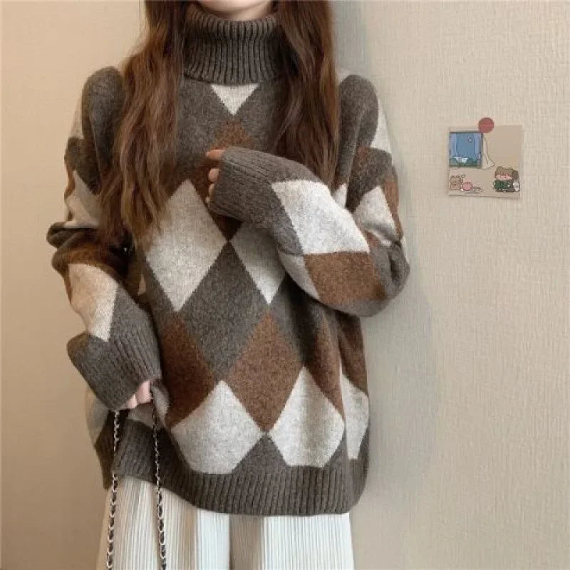 Lazy Sweater Women's Autumn/winter Loose-fit Polo/turtle Neck Rhombus Thickened Top Inner Knitted Top Base Layer