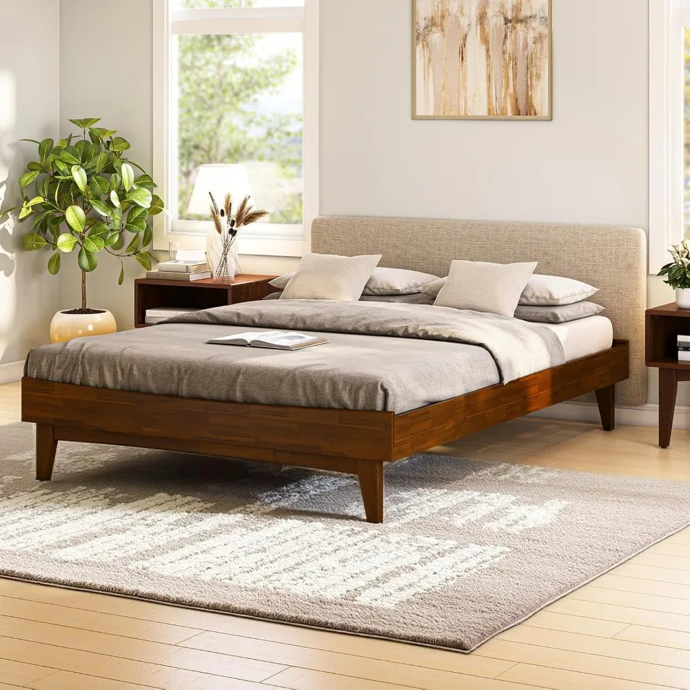 Acacia Wood Modern Low Profile Bed Frame, Queen Size, Without Headboard