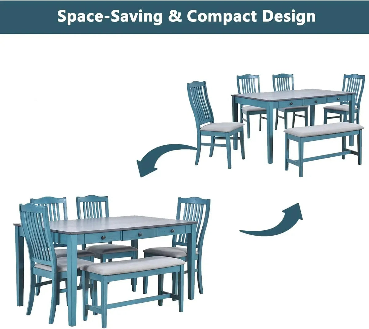Dining Table Set for 6 with Chairs Blue, 6 Piece Kitchen Table and Bench Set with Storage Drawers, Farmhouse Table with Bench