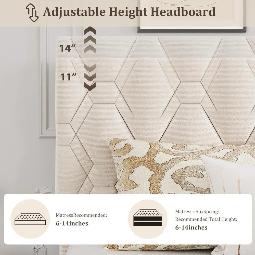 Beige King-Size Upholstered Headboard Bed Frame, Sturdy Wood Platform Base with Adjustable Headrest