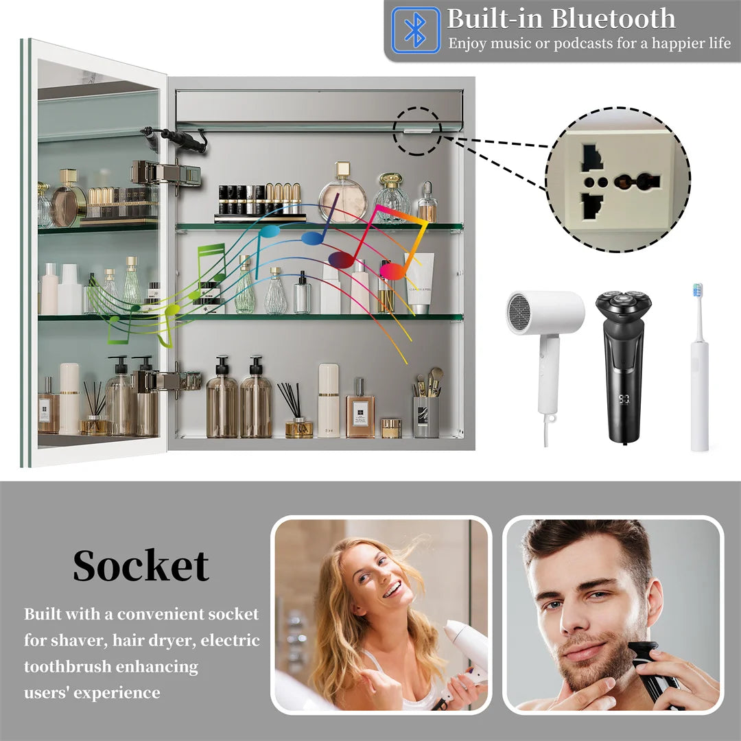Bluetooth Bathroom Mirror Cabinet Wall Mounted LED Light Mirror Medicine Storage Cabinet Organizer with Build-in Socket Defog