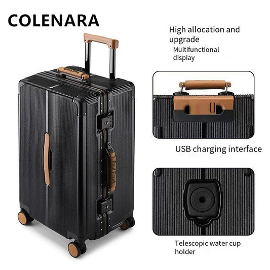 COLENARA High Quality Suitcase 20"24"26"28 Inch Boarding Box Men's Aluminum Frame Trolley Case ABS+PC Women's Zipper Luggage