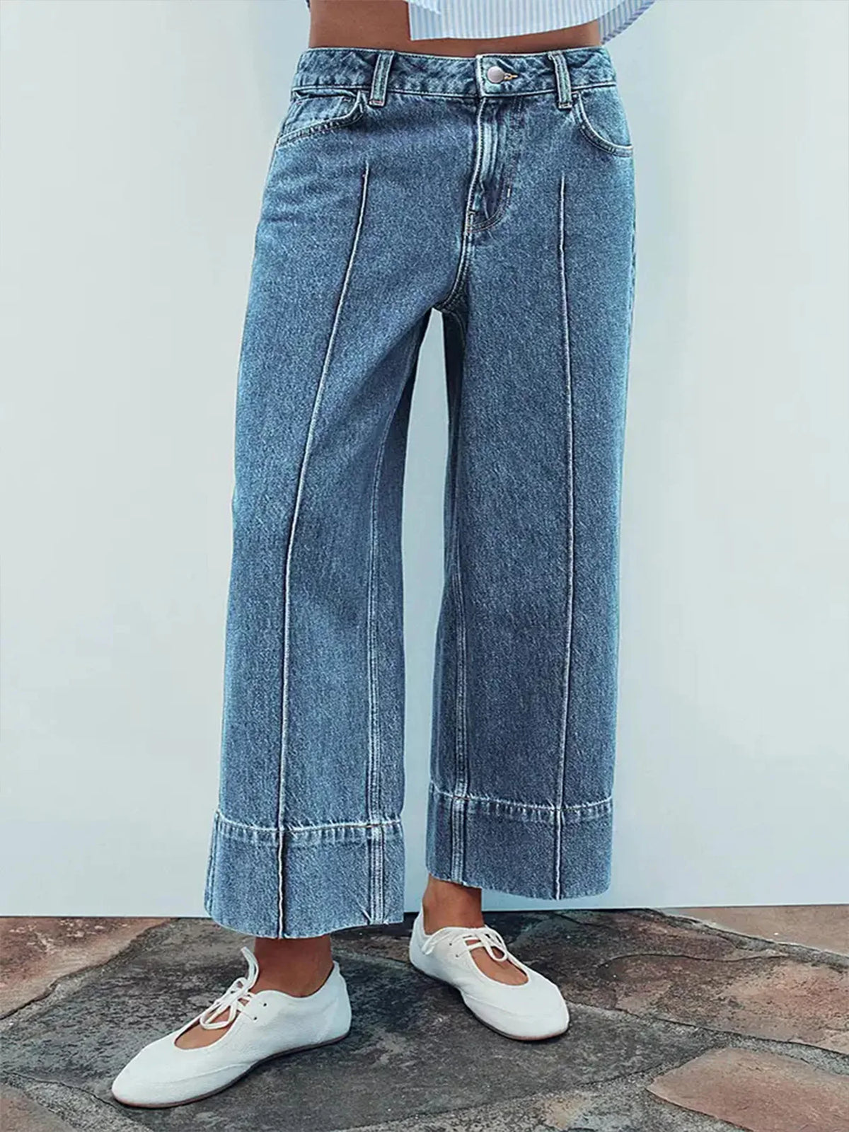 Women's non-elastic washing light blue wide feet fashionable simple wide-leg casual jeans
