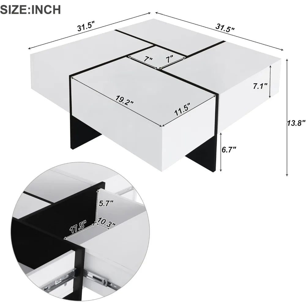 Coffee Table, Modern Extendable Coffee Table with 4 Hidden Storage Compartments, UV High-Gloss Square Center Cocktail Table wit