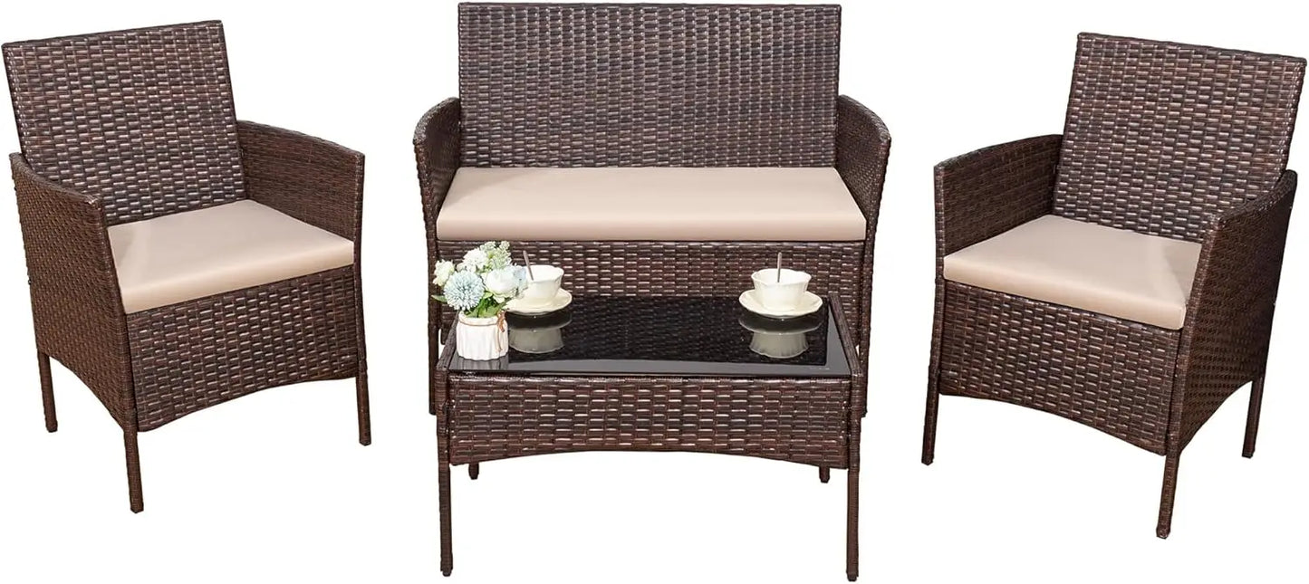 4 Pieces Outdoor Patio Furniture Set, PE Rattan Wicker Chairs Balcony Lawn Porch Patio Furniture Sets with Beige Cushion