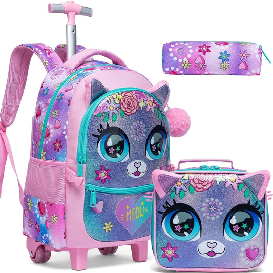 Kids Rolling Backpack with Wheels Durable School Travel Luggage for Girl Lightweight Carry-On Trolley Bag with Adjustable Handle